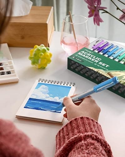 JusArt Acrylic Paint Markers Brush Tip 24 Colors, Water-Based No-Bleed Markers with Automatic Ink Control, Waterproof Acrylic Paint Pens for DIY Art & Crafts -Fabric, Rock, Wood, Glass, Ceramic, Metal thumbnail 2