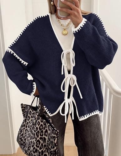 ZESICA Crdigans for Women Trendy 2025 Tie Front Bow Sweaters Casual Long Sleeve Winter Clothing Coats thumbnail 2