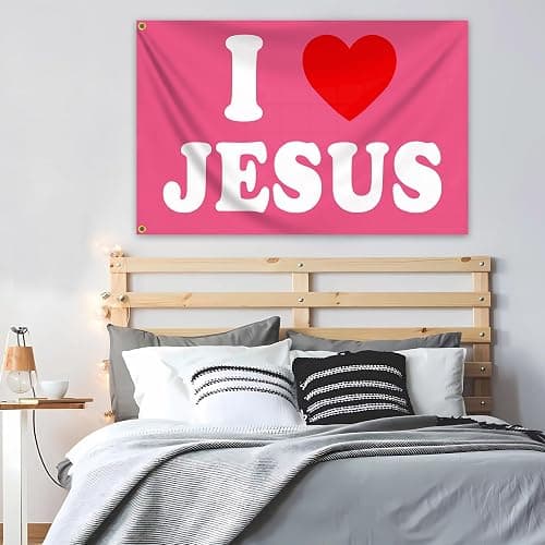 KNAPAL I Love Jesus Flag Pink 3x5 Ft Christian Jesus American Flag Durable Polyester I Heart Jesus Flags for House Yard Indoor College Dorm Room Bedroom Wall Jesus Loves You Outdoor Flag Banner Decor thumbnail 4