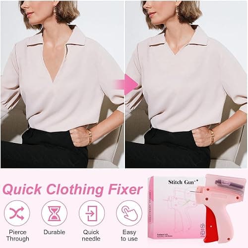 Rudnia Stitch Gun for Clothes, Tagging Gun for Clothing, Stitchy Micro Stitch Gun with Case, Includes 5 Needles, 500 Black & 500 White Micro Fasteners, 100 Silicone Stickers (Pink) thumbnail 3