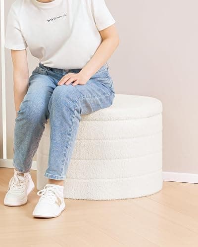 B FSOBEIIALEO Ottoman with Stroage, Round Sherpa Storage Ottoman Stool, Boucle Foot Rest22 x 22"x15.75" (White) thumbnail 5