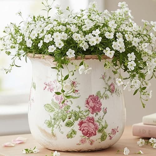 Xiaan Jiaju Shabby Chic Flower Pot, 6.11 Inch Ceramic Planter with Drainage for Indoor Plants, Vintage Ceramic Vase, Country Chic Spring Garden Home Decor, Pink Rose Floral thumbnail 2