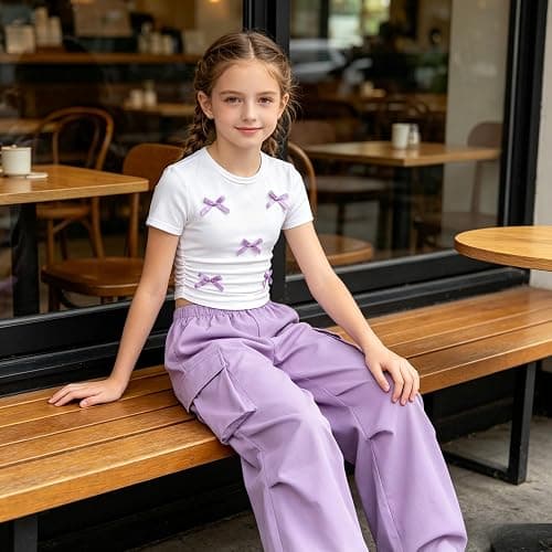 Zylvae Girls 2 Piece Clothes Cute Bow Decoration T-Shirt Top + Cargo Pants Teen Girl 2pcs Outfit Set, Size 8-13 Years thumbnail 4
