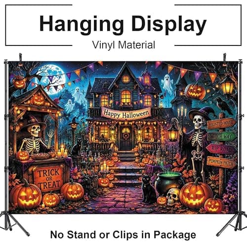 Duluxykl 10x8ft Halloween Spooky Skeleton Ghost Photography Backdrop, Horror Castle Scary Pumpkin Black Cats Background, Fall Halloween Trick or Treat Party Banner Magic Witch Wall Decor Photo Props thumbnail 7