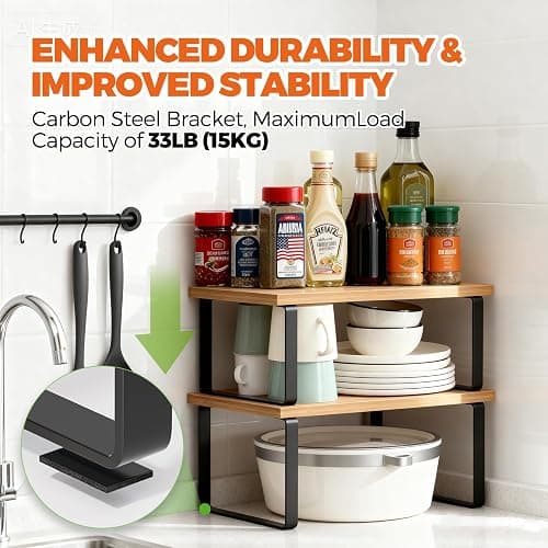 HYASTO Cabinet Organizer Shelf - 2 Pack Wood Kitchen Organizer, Upgraded Cabinet Organizer Shelf for Kitchen Storage, Countertop, Spice Rack, Stackable, Expandable, Ink Black and Natural Beige thumbnail 5
