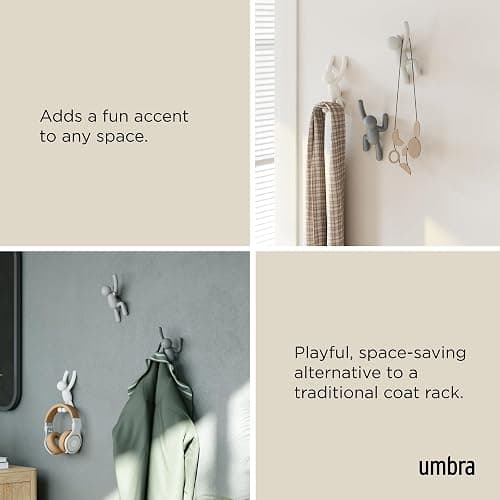 Umbra Buddy Wall Hooks – Decorative Wall Mounted Coat Hooks for Hanging Coats, Scarves, Bags, Purses, Backpacks, Towels and More, Set of 3, Grey thumbnail 4