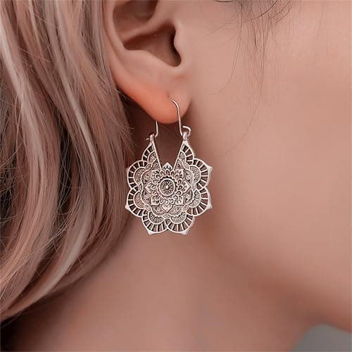 Boho Antique Carved Flower Dangle Drop Earrings for Women Vintage Retro Handmade Hollowed Antiqued Bronze Floral Shaped Geometric Gold Silver Plated Hoop Earrings for Ethnic Style Jewelry Gifts thumbnail 2
