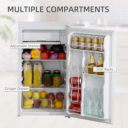 HOMCOM 3.2 Cu.Ft Mini Fridge with Freezer, Single Door Compact Refrigerator with Adjustable Thermostat, Shelf and Reversible Door for Bedroom, Dorm, Home Office, Energy Efficient, White thumbnail 6