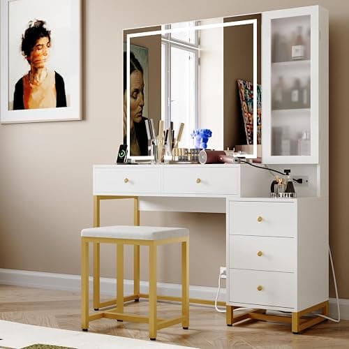 Wildhome Vanity Set with Lighted Mirror and Charging Station, Extra Large Mirror Makeup Vanity Table with Cushioned Stool,5 Drawers, Modern Vanity Table with Nightstand thumbnail 5