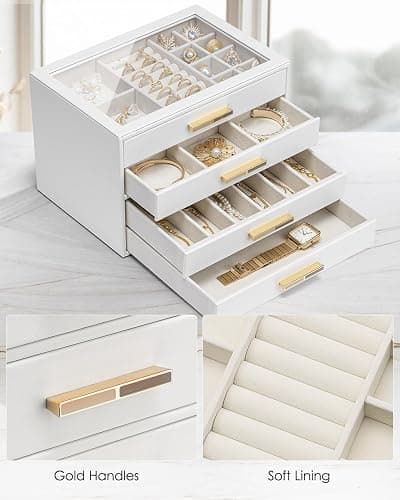 Vlando Jewelry Box for Women, Glass Lid Jewelry Organizer with 4 Drawers for Necklaces Rings Earrings Bracelets Christmas Gift - White thumbnail 6