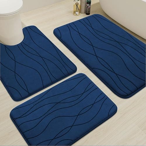YIHOUSE Memory Foam Blue Bathroom Rug Sets 3 Piece, Ultra Absorbent Bath Mat for Bathroom - Non-Slip Machine Washable & Dry Quickly, 3 Piece Bathroom Mat Set, Navy Blue - Image 1