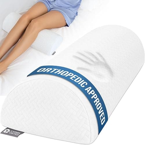 5 STARS UNITED Knee Pillow for Back Sleeping – Memory Foam Cushion for Sciatica Pain Relief – Under Leg Support for Sleeping on Back – Half Moon Bolster for Bed, White - Image 1