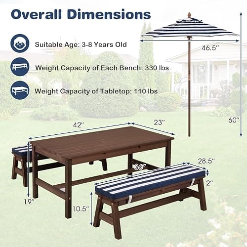 Costzon Kids Picnic Table, Fir Wood Toddler Outdoor Table & Bench Set w/Removable Umbrella & Cushions, Stripe Fabric, Kids Outdoor Furniture for Patio Backyard Garden, Fits 4 Children Age 3+ (Blue) thumbnail 3