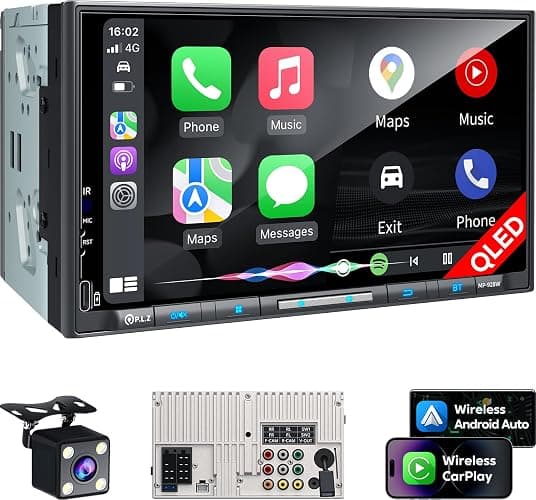 PLZ 7" Wireless Double Din Car Stereo Apple Carplay Radio QLED Screen for Car, Android Auto, Bluetooth 5.3, Fast Charger, 1080P Backup Camera, 4.2 Channel Outputs 240W, 2 Subwoofer - Image 1