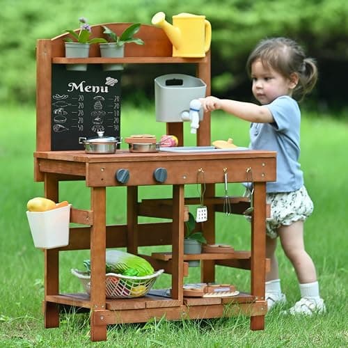 Homman Kids Mud Kitchen Outdoor 23.6in, Wooden Play Kitchen with Sink & Stove, Utensils, Mud Kitchen for Kids Outdoor thumbnail 2
