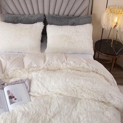 EMME Plush Shaggy White Duvet Cover Set Twin Size Fluffy Fuzzy Comforter Cover Set 2 Piece Luxury Bedding Duvet Covers (White, Twin) thumbnail 4