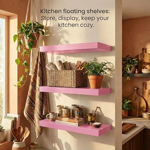 SAUMONIERES Floating Shelves Wall Shelf Solid Wood for Bathroom Bedroom Kitchen Set of 3, Pink Wall Shelves thumbnail 5
