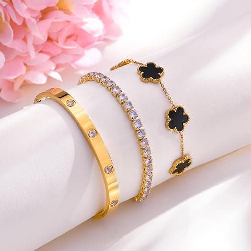 Womens Stackable Floral Gold Bracelets - 3Pcs 18K Gold Plated Bracelet,Stainless Steel Bangle Bracelets Non Tarnish, Gold Bracelet Set Trendy Jewelry,Christmas Valentines Birthday Gifts for Girlfriend thumbnail 4