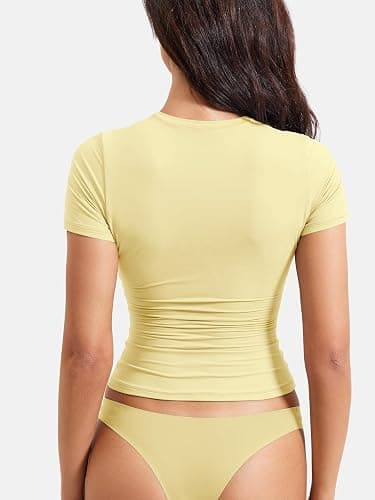 YEOREO Ease Women Fitted Workout Tops Short Sleeve Double Lined Basic Y2K Going Out Crew Neck Compression Crop Top thumbnail 3
