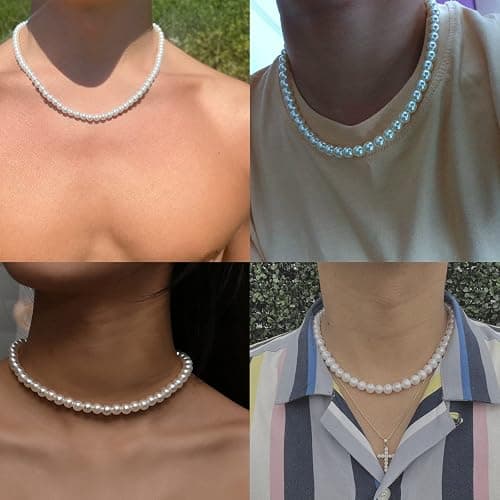 Halora 6/8 mm Perlenkette Herren Damen Perlen Choker Kette 40/45/50/55 cm Lang Weiße Perlenkette Pearl Necklace Geschenke Herrenschmuck thumbnail 4