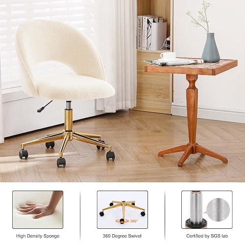 Furnimart Swivel Rolling Desk Chair, Adjustable Faux Fur Vanity Chair with Gold Legs, Cute Task Chair with Wheels for Living Room Bedroom Studying Small Places (Faux Fur White) thumbnail 6