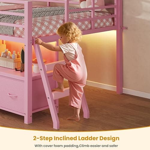 ADORNEVE Low Loft Bed Twin Size with 7 Storage Drawers, Bookcase and LED Lights, Metal Kids Loft Bed with 14" H Safety Guardrail,Inclined Ladder and Play Curtain, Under-Bed Play Space,Pink thumbnail 5