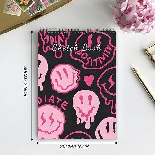 Cabreche Cute Sketchbook Top Spiral Bound Sketch Pad 9 x 12 inch,100GSM Thick Paper 50 Sheets 100 Pages,Art Sketch Book Aesthetic Writing Drawing Paper for Girls Women Face-Black Pink thumbnail 2