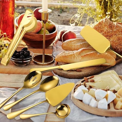 AARAINBOW Large Serving Utensils Set , 8 Pcs Metal Serving Cutlery Set for Parties, Stainless Steel Spoons Fork Tong Ladle for Buffet Catering, Hostess Chefs, Matte Gold thumbnail 7