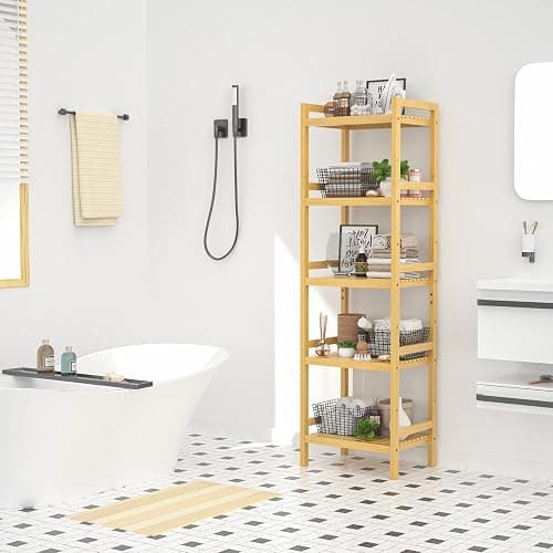 Homykic Bamboo Bookshelf, 5-Tier Narrow 55.9” Adjustable Book Shelf Bookcase Bathroom Shelves Freestanding Storage Stand for Living Room, Bedroom, Kitchen, Rust Resistance, Easy Assembly, Natural thumbnail 5