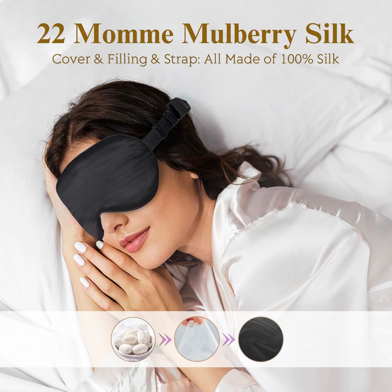 BeeVines Silk Sleep Mask, 1 Pack 22 Momme Silk Eye Masks for Sleeping with Adjustable Strap, 3D Contoured Sleep Eye Mask for Eyelash Extension, Blackout Mulberry Silk Eye Mask for Men & Women (Black) thumbnail 3