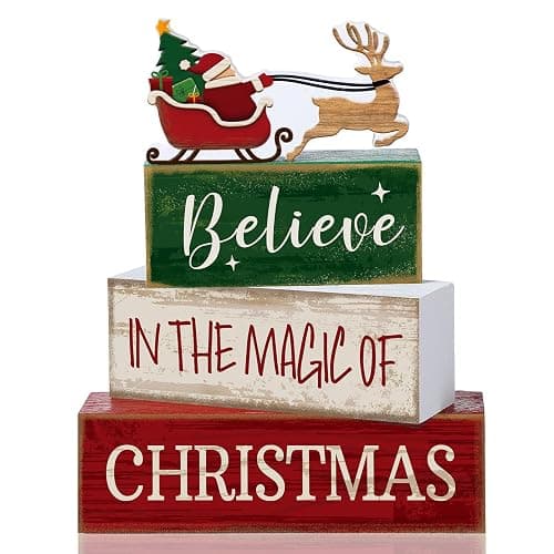 Lineshading 4 Pcs Christmas Table Decorations Wooden Stacked Block Santa | Rustic Farmhouse Block Sign with Believe Message, Tiered Tray Decor for Home Shelf, Xmas Decorations for Mantel Party - Image 1