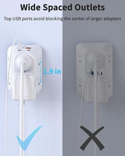2 Pack Outlet Extender Surge Protector, HOPOW 6 Outlet Splitter with 4 USB Ports (2 USB C), USB Wall Charger, 3-Sided 1050J Multi Plug Wall Outlet, Wall Mount for Home Travel Office Travel, White thumbnail 5