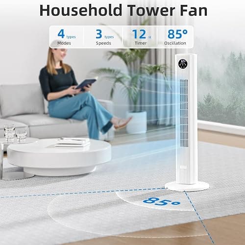 Antarctic Star Tower Fan for Bedroom 25ft/s Standing Fan 85° Oscillating Fan with Remote, 3 Speeds, 4 Modes, 12H Timer, Portable Bladeless Floor Fan for Indoors/Home/Office, WHITE thumbnail 3