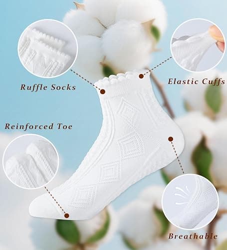 SIONCY 10 Pairs Ruffle Socks Women Cute Cotton Ankle Socks Casual Frilly Sock, Breathable, Low Cut Size 5-10 thumbnail 6