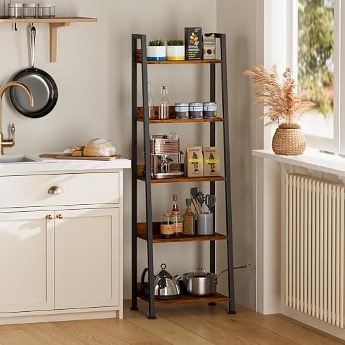 Furologee 5-Tier Ladder Shelf, Ladder Bookshelf with Removable Drawer, Rustic Bookcase Storage Rack Organizer, Wood Metal Freestanding Storage Shelf for Living Room, Home Office, Bedroom, Balcony thumbnail 5