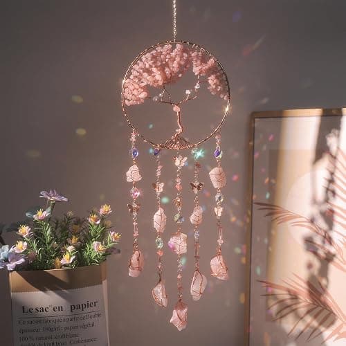 Pink Dream Catchers Crystal Tree of Life Dreamcatcher with Rose Quartz Butterfly Crystal Suncatcher Prism Hangings Wall Window Bedroom Room Decor Gift for Girls Boys Adults - Image 1