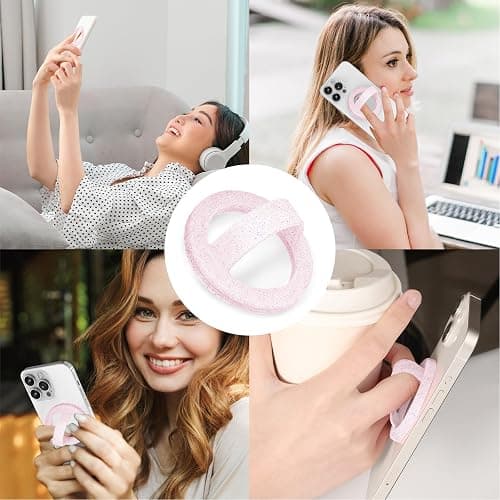 Magnetic Silicone Ring Grip Phone Holder, Loop Grip Phone Holder,Magnetic Phone Loop,Magsafe Phone Grip,Compatible with Magsafe for iPhone 16/15/14/13/12 Series (Pink Sparkle) thumbnail 7