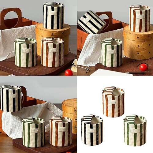 Retro Striped Ceramic Mark Hand-Painted Cup, Vintage Hand-Held Double-Enjoy Cup, Unique Ceramic Coffee Milk Tea Mug, Non Slip Hot Cold Drinks Mug, For Christmas Holiday Winter Gift (Black) thumbnail 8