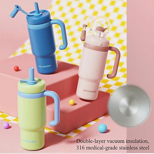 Como bebe Insulated Whale Fountain Sippy Cup, 24 oz 316 food-grade Stainless Leak-Proof Straw,Tumbler with Handle, Fits Car Cup Holders. 2 types lids for Kids, Teens & Adults V3.0 (Green dinosaur) thumbnail 15