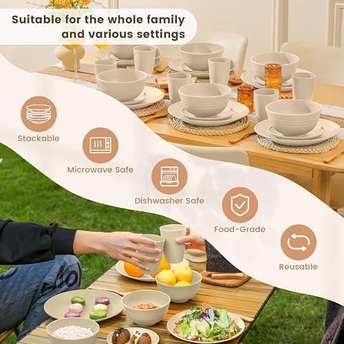 Homienly 24 PCS Premium Wheat Straw Dishes Set for 6, Reusable Plates and Bowls Sets,Cups,Lightweight & Unbreakable Dishwasher and Microwave Safe Dinnerware Sets for Kitchen,Outdoor- Beige - 24 PCS - Beige thumbnail 6