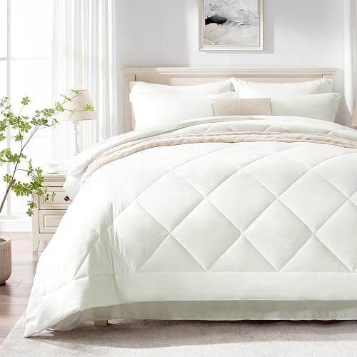 Love's cabin Full Comforter Set Ivory, 7 Pieces Full Bed in a Bag, All Season Bedding Sets with 1 Comforter, 1 Flat Sheet, 1 Fitted Sheet, 2 Pillowcase and 2 Pillow Sham thumbnail 2