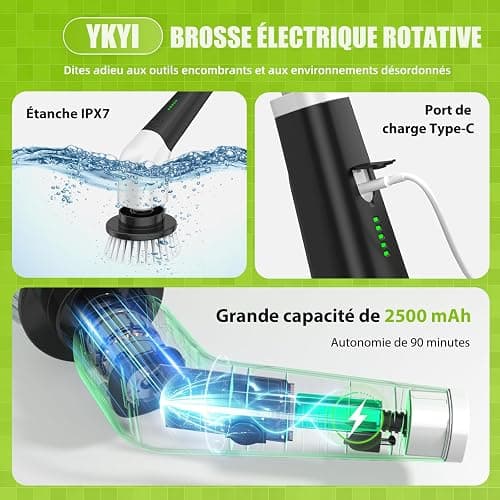 YKYI Brosse électrique Nettoyage rotative avec 8 têtes, Manche Extensible, 2 Vitesses, Batterie 2500mAh, étanche IPX7 – Brosse Nettoyage Salle de Bain et Cuisine thumbnail 4