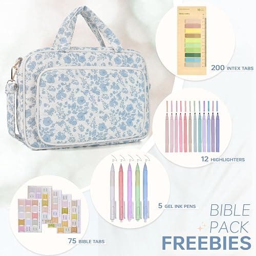 Bible Cover Case for Women Bible Study Supplies Church Camp Essentials Christian Gifts for Women Journaling Kit Quilted Large Bible Book Sleeve (Blue Flower, Large) thumbnail 3