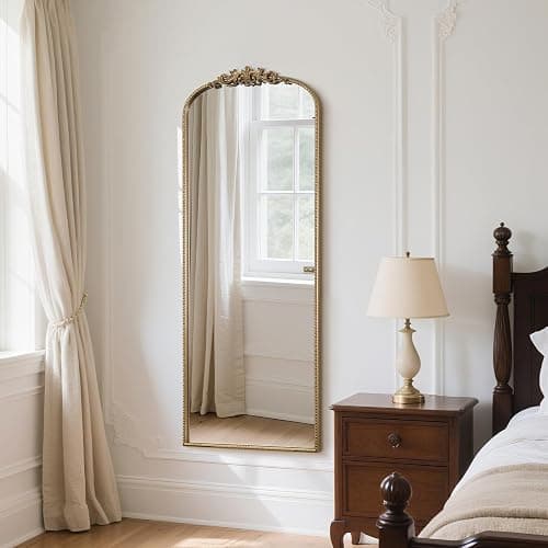 WallBeyond Arched Full Length Mirror Wall Mounted, 21x56 Inch Gold Antique Mirror, Vintage Metal Frame Full Body Mirro for Bedroom, Living Room, Hanging or Leaning thumbnail 6