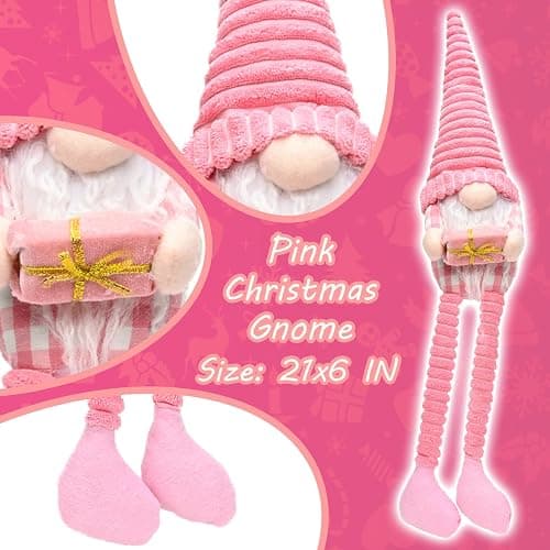 ZEBNYYA Pink Christmas Gnomes Plush Elf Decoration - 3PCS Handmade Xmas Long Dangle Leg Winter Gnomes Hold Christmas Tree Candy Cane Gift Box Santa Dolls for Home Table Ornament, Tiered Tray Decor thumbnail 4