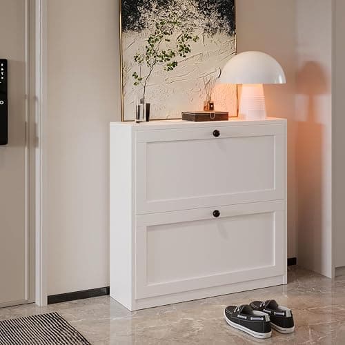 VOWNER Shoe Cabinet with 2 Flip Drawers, Freestanding Shoe Storage Cabinet with Adjustable Shelf & Anti-Tipping Device, Shoe Rack for Entryway, Hallway, Living Room (White) thumbnail 4