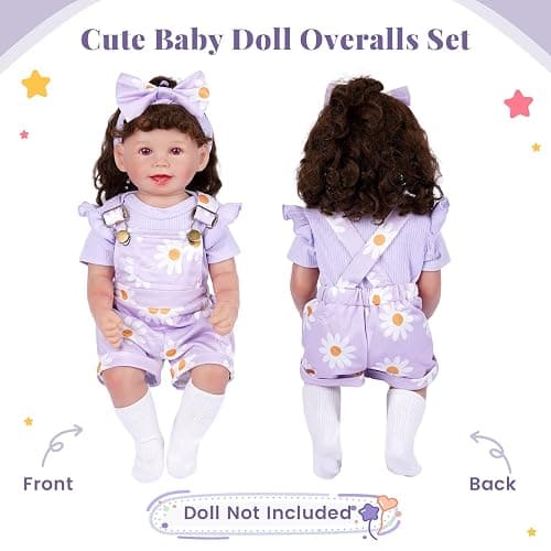 BABESIDE 4 Pcs Reborn Baby Doll Clothes Set for 17-22 Inch Baby Dolls | Cute Purple Flower Baby Doll Overalls Lifelike Reborn Baby Doll Accessories with Headband and Socks for Realistic Dolls Girl thumbnail 4
