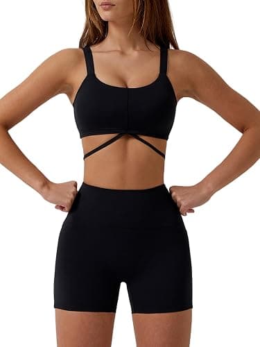 ABOCIW Workout Sets for Women 2 Piece Twist Front Halter Sports Bras High Waist Biker Shorts Exercise Gym Yoga Outfit - Image 1