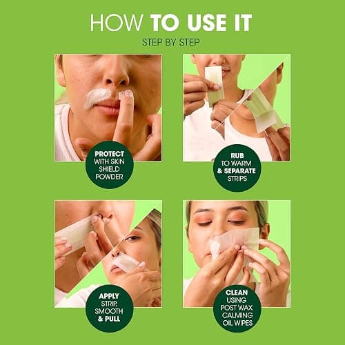 Nad's Facial Wax Strips - Hypoallergenic All Skin Types - Facial Hair Removal For Women - At Home Waxing Kit with 20 Face Wax Strips + 4 Calming Oil Wipes + Skin Protection Powder (Pack of 2) thumbnail 5