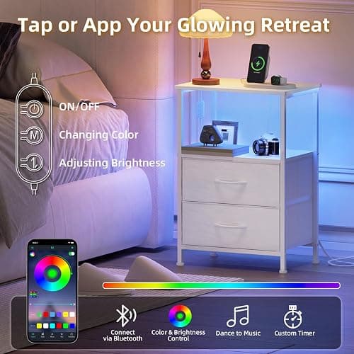 Somdot White Nightstand with Charging Station and LED Light for Bedroom, 2 Drawers Dresser with Fabric Bins for Bedside Kids Dorm Room Closet Laundry Entryway, White Leather thumbnail 4